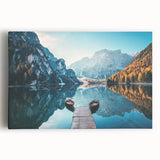 Stretched canvas wall art showcasing a serene lake landscape with vibrant colors, perfect for home decor, capturing a tranquil nature scene for relaxation.