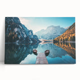 Stretched canvas wall art featuring a serene lake landscape, showcasing vibrant colors and intricate details, perfect for enhancing home decor with natural beauty.