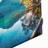 Close-up view of a vibrant acrylic glass wall art piece showcasing a serene lake landscape, featuring rich blues and greens, perfect for home decor.