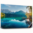 Acrylic glass wall art showcasing a serene landscape lake design, framed in a sleek style with visible mounting pins, ideal for modern interior decor.