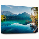 Acrylic glass wall art collection showcasing a serene lake landscape design, viewed from the side, highlighting its vibrant colors and smooth finish. Perfect for elevating home decor.