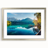 Framed silver wall art featuring serene lake landscapes, complete with a decorative mat, perfect for enhancing home decor and creating a tranquil ambiance.