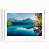 Framed wall art showcasing a serene lakeside landscape design with vibrant colors and a white mat, ideal for enhancing modern home decor.