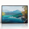 Framed wall art collection showcasing a serene lakeside landscape with vibrant colors, set in a sleek black frame, perfect for modern home decor.