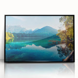Framed wall art collection showcasing a serene lakeside landscape with vibrant colors, set in a sleek black frame, perfect for modern home decor.