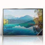 Framed wall art featuring a serene lakeside landscape design with vibrant colors, elegant silver frame, perfect for enhancing home decor aesthetics.