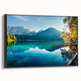 Framed canvas wall art showcasing a serene lake landscape with vibrant colors and intricate details, presented in a sleek black frame, perfect for home decor.