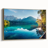 Framed canvas wall art featuring a serene lakeside landscape design with vibrant colors, gold framing, and a side view showcasing the artwork's depth and elegance. Perfect for enhancing home decor with a touch of nature.