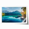 Stunning rolled print of a serene lake landscape wall art design showcasing vibrant blues and greens, ideal for home decor or office inspiration, packaged securely.