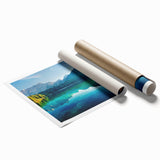Serene landscape wall art print showcasing a tranquil lake scene with vibrant blues and greens, rolled for easy display and shipping in a protective tube.