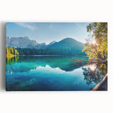 Stretched canvas artwork showcasing a serene lake landscape with vibrant colors and detailed textures, perfect for home decor, adding tranquility to any space.