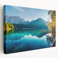 Stretched canvas wall art showcasing a serene lake landscape with vibrant colors, ideal for home decor. Side view highlights the canvas's depth and texture.