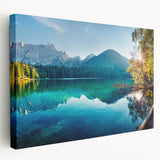 Stretched canvas wall art showcasing a serene lake landscape with vibrant colors, ideal for home decor. Side view highlights the canvas's depth and texture.