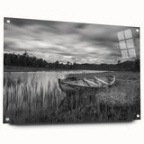 Acrylic glass wall art featuring a serene landscape of a tranquil lake surrounded by lush greenery, displayed in a modern side-view frame with decorative pins for added style.