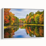 Framed canvas wall art featuring a serene lake landscape design, with vibrant colors and intricate details, elegantly displayed from a side view against a white backdrop.