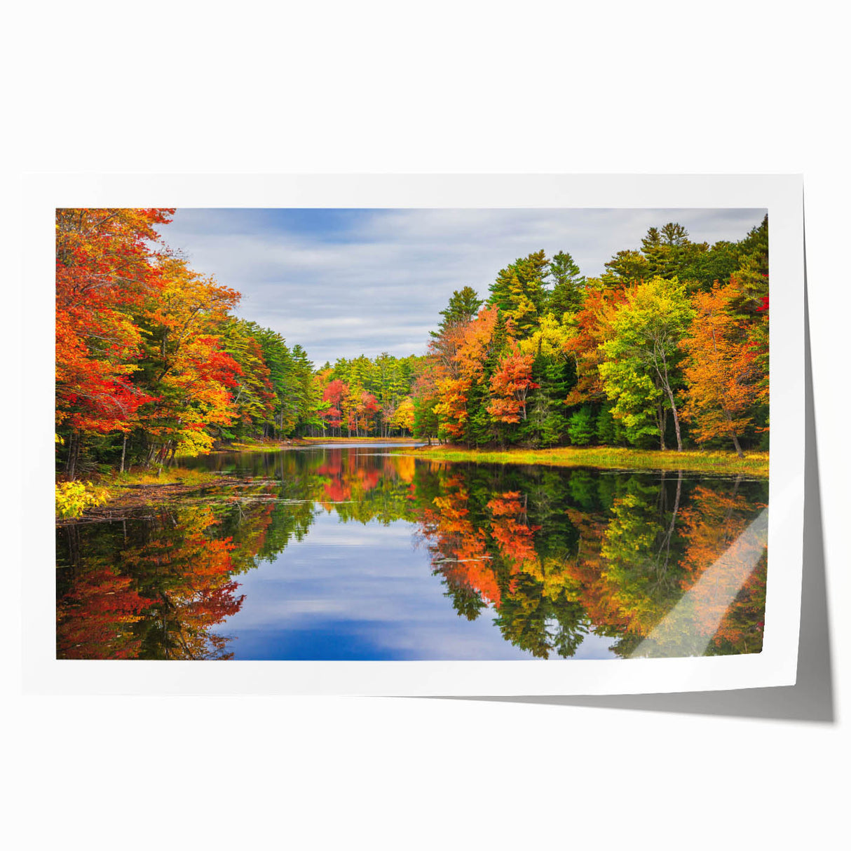 Serene landscape wall art collection featuring tranquil lakes and vibrant colors, rolled for easy shipping and display in home decor settings.