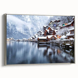 Framed canvas wall art featuring a serene lakeside landscape design, with silver accents on the frame, beautifully presented from the side view, perfect for home decor.