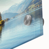 Vibrant close-up of an abstract acrylic glass wall art piece depicting serene lakes and landscapes, showcasing rich colors and intricate textures, perfect for modern decor.