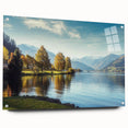Acrylic glass wall art collection showcasing a scenic landscape of tranquil lakes, viewed from the side, featuring vibrant colors and modern design elements, secured with stylish pins.