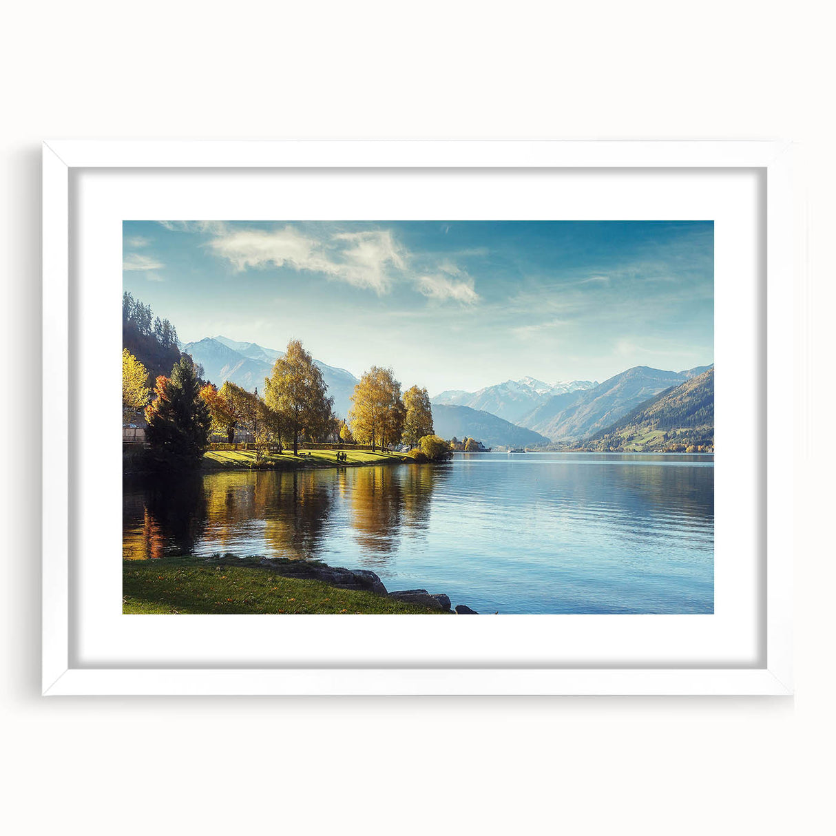Framed wall art featuring serene lake and landscape design in soft blues and greens, elegantly displayed with a white mat, perfect for home decor enhancement.