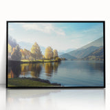 Framed wall art collection showcasing serene landscapes and lakes, featuring vibrant colors and a sleek black frame, perfect for home decor enhancement.