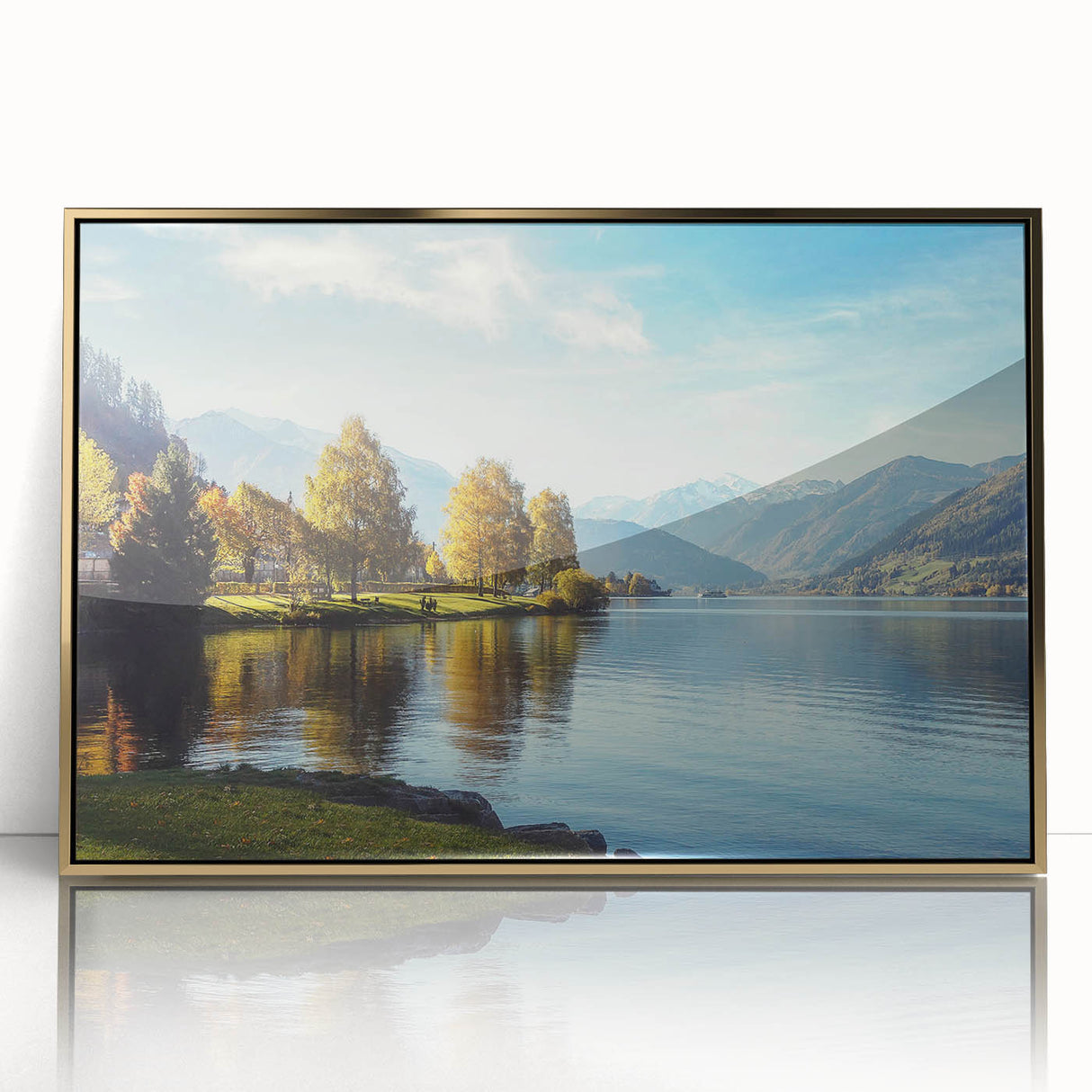 Framed wall art collection showcasing a serene lakeside landscape with acrylic finish and gold accents, perfect for enhancing home decor and tranquility.