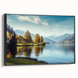 Framed canvas wall art showcasing a serene lakeside landscape design, featuring vibrant colors and a sleek black frame, perfect for home decor.