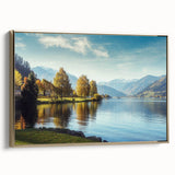 Framed wall art design showcasing a serene lake landscape with vibrant colors, gold accents, and a sleek side view, perfect for modern home decor.