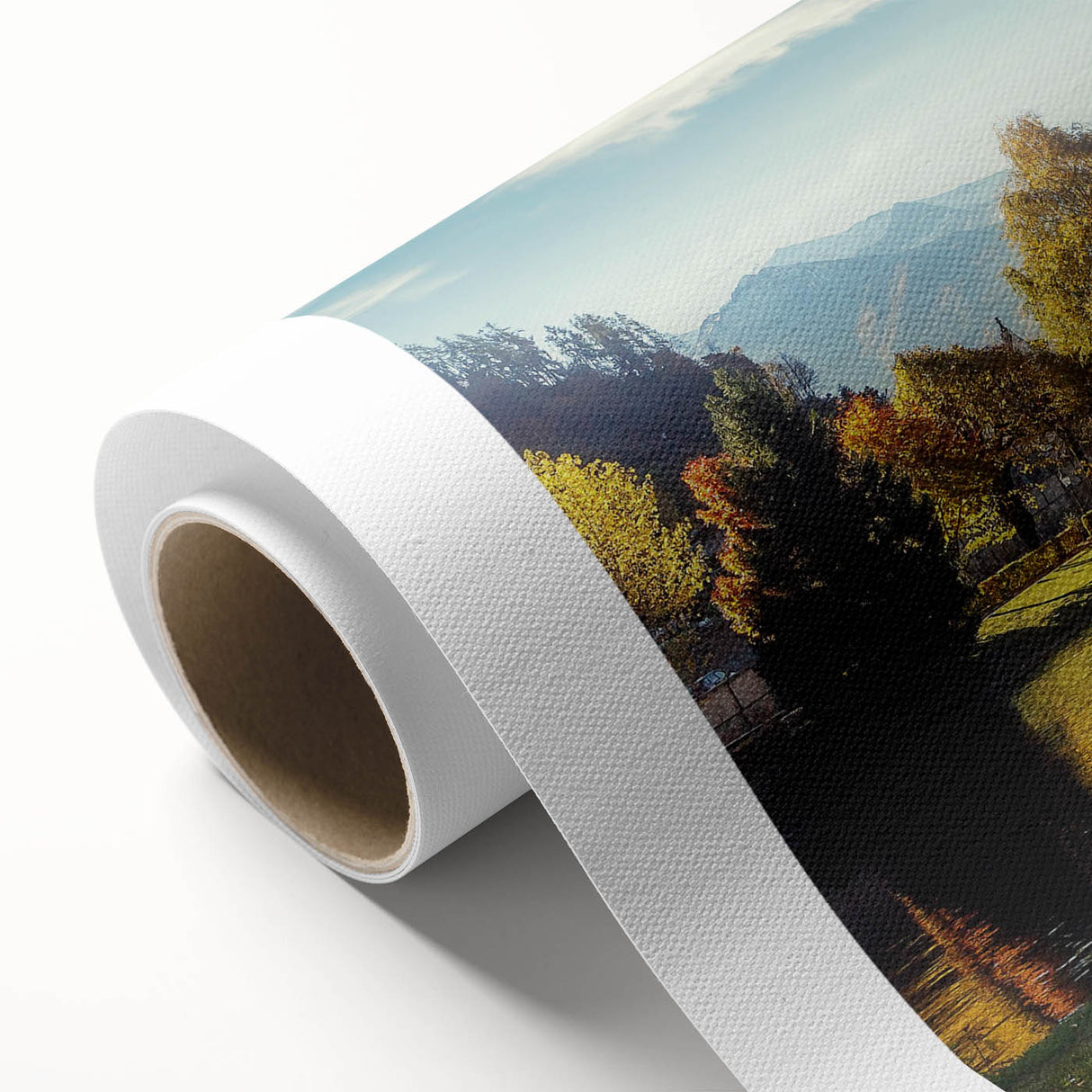 Rolled canvas showcasing a serene landscape with a tranquil lake, surrounded by lush greenery and vibrant colors, ideal for home decor and art collectors.