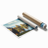 Vibrant rolled print of a serene lake landscape featuring lush greenery and soft, pastel skies, ideal for home decor or art collection, packaged securely.