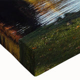 Close-up of a stretched canvas wall art piece showcasing a serene lake landscape with vibrant colors and intricate details, perfect for home décor enhancement.