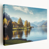 Stretched canvas wall art showcasing a serene lake landscape with vibrant colors, perfect for enhancing home decor. Ideal for nature enthusiasts and art lovers.