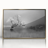 Framed acrylic wall art showcasing a serene lake landscape with vibrant colors and gold accents, ideal for home décor and interior design enhancement.