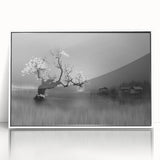 Framed acrylic wall art depicting a serene lake landscape with vibrant colors, showcasing a white frame and a modern design, perfect for home decor.