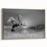 Framed landscape wall art featuring serene lakeside scenery with vibrant colors and gold accents, ideal for enhancing home decor with a touch of elegance.