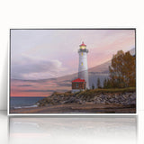 Framed acrylic wall art depicting a serene lighthouse landscape with vibrant colors, set against a white background, perfect for nautical-themed decor.