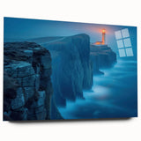 Acrylic wall art collection showcasing a modern lighthouse design, displayed from a side view, featuring vibrant colors and sleek glass finish, perfect for coastal decor.