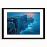 Framed wall art showcasing a lighthouse design in a coastal landscape, featuring a black frame and white matting, ideal for nautical-themed decor.
