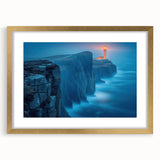 Gold-framed wall art featuring a serene lighthouse landscape design, showcasing vibrant colors and intricate details, perfect for coastal-themed home decor.
