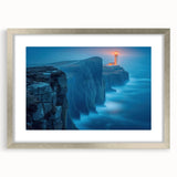 Framed silver wall art featuring a serene lighthouse landscape design, complete with a mat for enhanced presentation, ideal for coastal-themed decor.