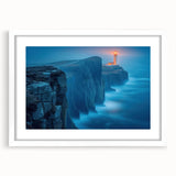 Framed wall art showcasing a serene lighthouse landscape design, featuring a white mat and sleek frame, perfect for enhancing home decor with coastal elegance.