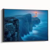 Framed canvas wall art featuring a serene lighthouse design set against a vibrant landscape, showcasing rich colors and intricate details, perfect for coastal home decor.