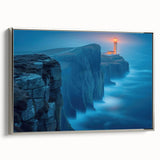 Framed canvas artwork depicting a serene lighthouse scene at sunset, featuring vibrant colors and intricate details, ideal for coastal-themed home decor.