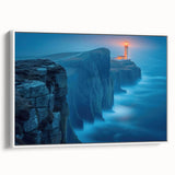 Framed canvas wall art featuring a serene lighthouse landscape design, showcasing a white frame and vibrant colors, perfect for coastal-themed decor and enhancing living spaces.