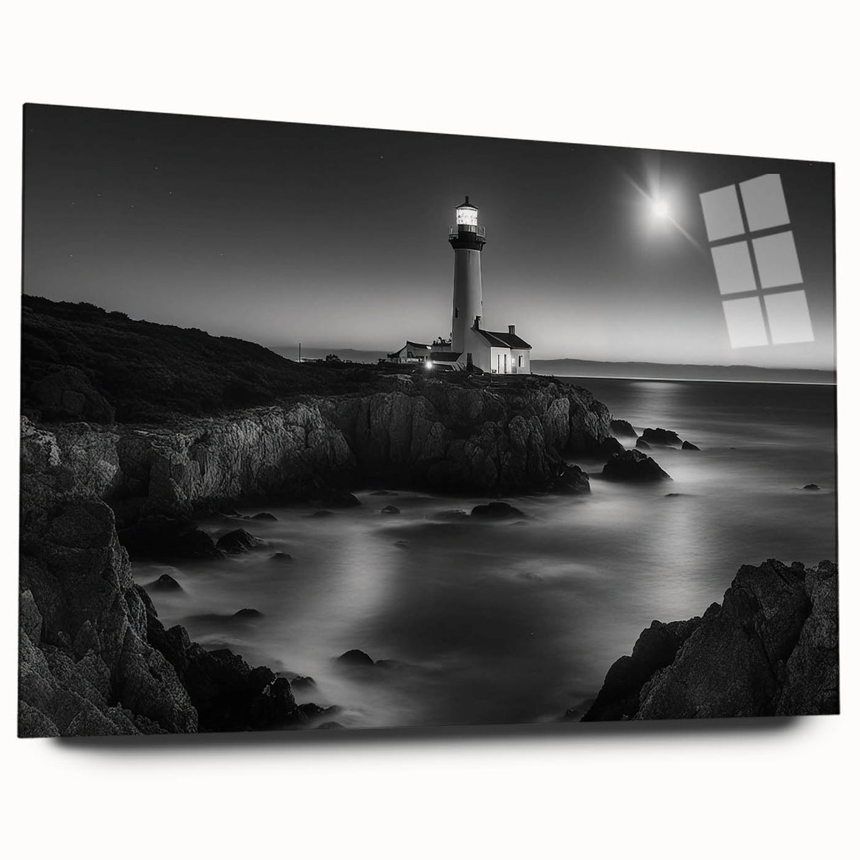 Acrylic glass wall art showcasing a serene lighthouse landscape design, featuring vibrant colors and a side view without pins, perfect for home decoration.
