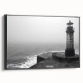 Framed canvas wall art showcasing a striking lighthouse design against a vibrant landscape, featuring a black frame and side view, perfect for home decor.