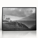 Framed wall art collection showcasing a serene lighthouse landscape design, featuring a black frame and acrylic surface, ideal for modern home decor.