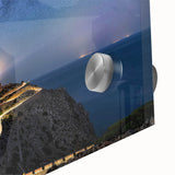 Close-up of a vibrant acrylic glass wall art piece featuring a serene lighthouse landscape, showcasing rich colors and intricate details that enhance home decor.