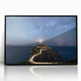 Framed wall art collection showcasing a serene lighthouse landscape design with a black frame and acrylic front, perfect for coastal-themed decor.