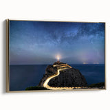 Framed canvas wall art showcasing a scenic lighthouse landscape design with golden accents, perfect for coastal-themed decor and enhancing interior spaces.